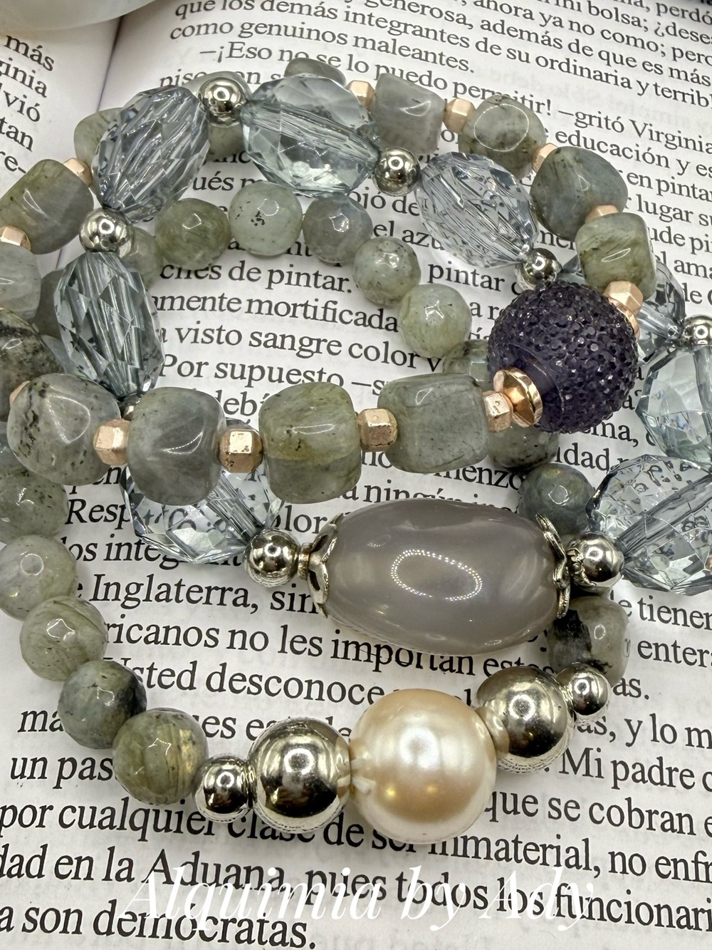 LABRADORITE STACK Grey, Silver & Pearl Multi-Strand Bracelet
